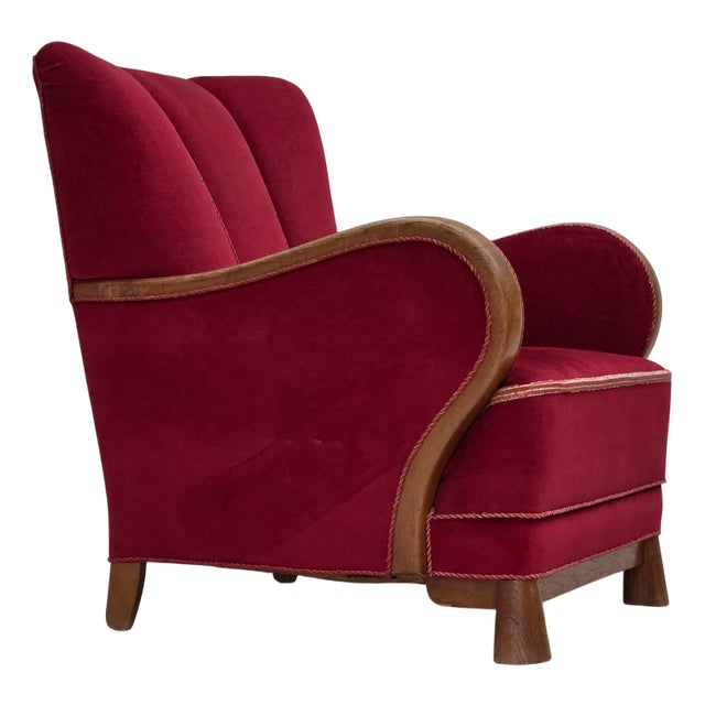 Danish Armchair in Red Velour and Oak, 1950s For Sale
