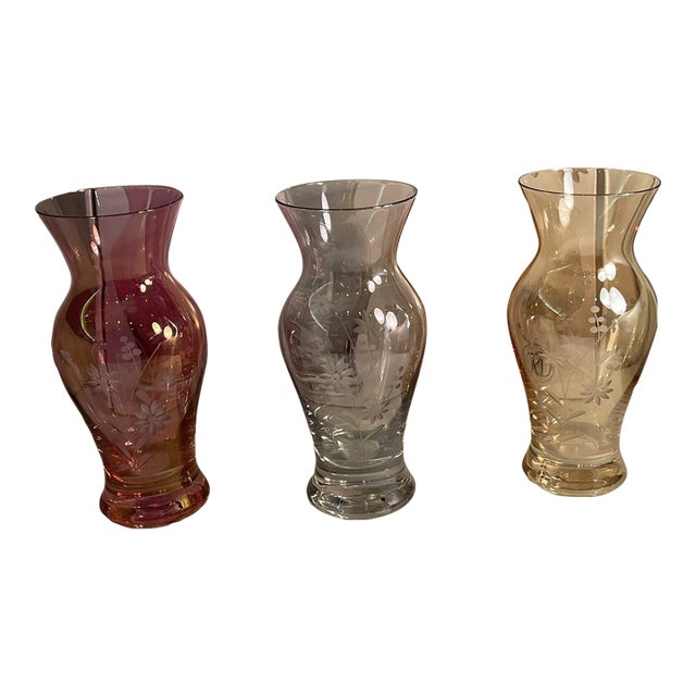 Vintage MCM Royal Danube Floral Etched Hand Cut Vases-Set of 3 For Sale