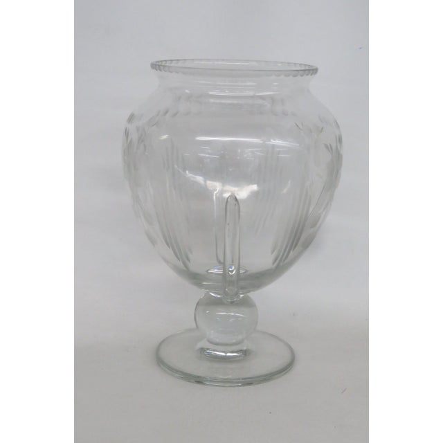 Neoclassical Italian Style Glass Pedestal Urn Vase Etched Floral Motif 5111b For Sale - Image 4 of 12