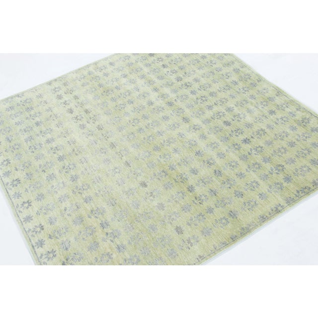 Rug & Kilim Rug & Kilim’s Block Print Square Rug With Sage Green Field and Floral Patterns For Sale - Image 4 of 7