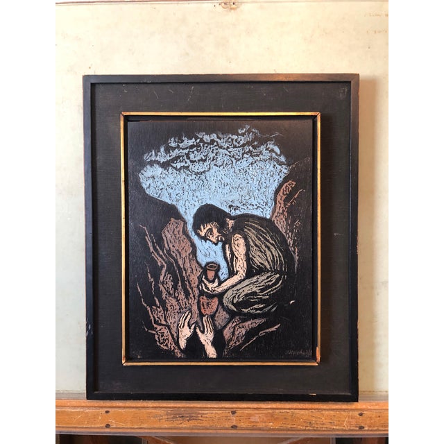 Mid 20th Century Jacob Steinhardt, German Expressionist Hand Carved Colored Original Wood Pane Art Israeli Bezalel, 1965 For Sale - Image 5 of 13