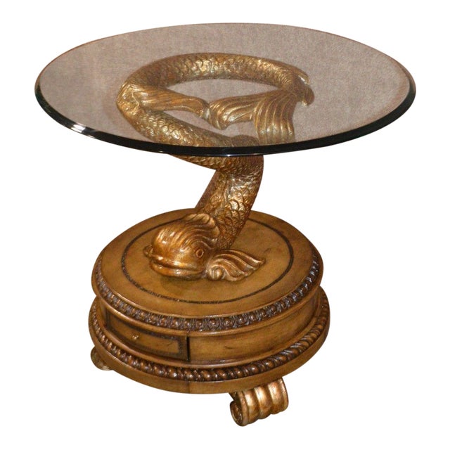 Carved Dragonfish Glass Top Accent Table | Chairish