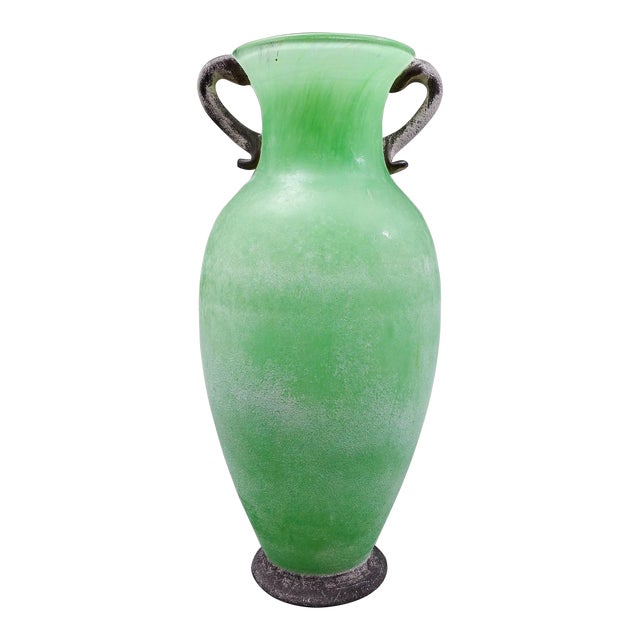 Murano Italian Vintage Mid-Century Green Scavo Art Glass Amphora Vase For Sale