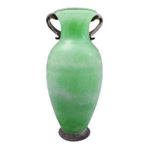 Murano Italian Vintage Mid-Century Green Scavo Art Glass Amphora Vase