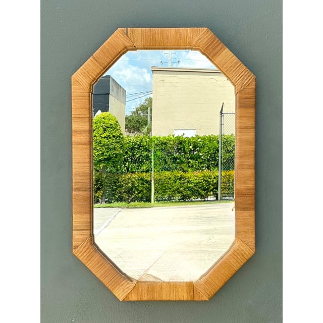 Tan Vintage Octagonal Wrapped Rattan Frame Mirror For Sale - Image 8 of 15