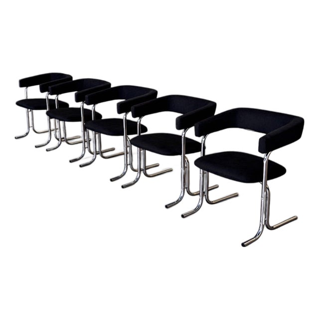 Set of Five Armchairs in Chrome and Black Fabric, Pozza Moveis, 1960s - Lot 165A For Sale