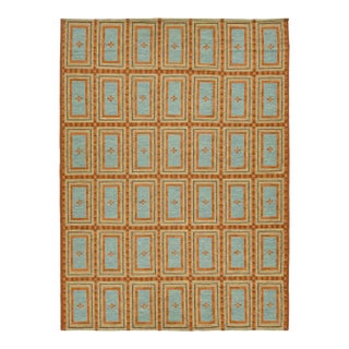 Swedish-Style Geometric Flatweave Wool Rug in Rust and Sky Blue For Sale