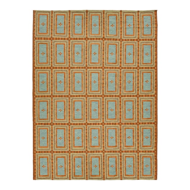 Swedish-Style Geometric Flatweave Wool Rug in Rust and Sky Blue For Sale