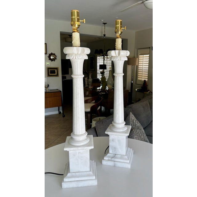 Metal 1960s Tall Italian Column Neoclassic Alabaster Table Lamps - a Pair For Sale - Image 7 of 18