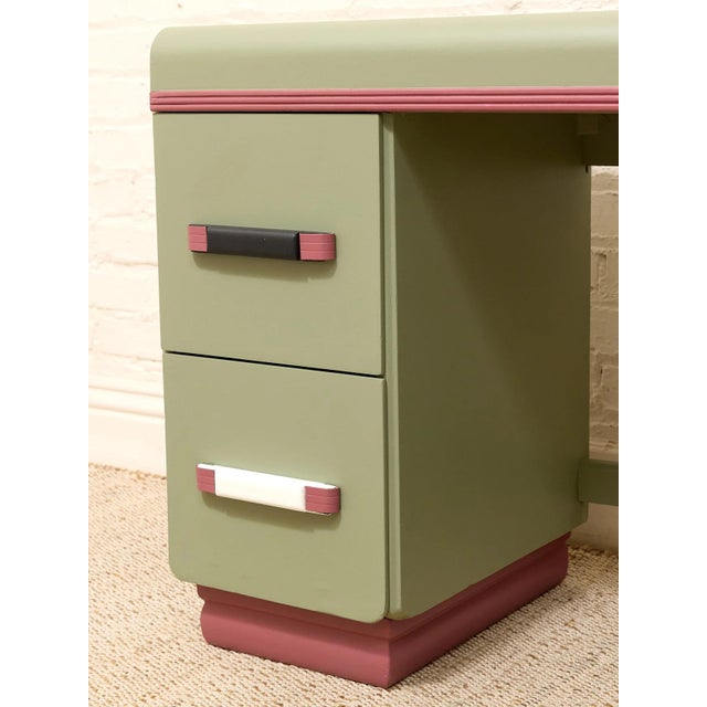 Wood Vintage Mint Green Writing Desk With Wood-Tone Details For Sale - Image 7 of 12