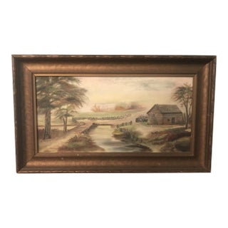 Vintage Rustic Log Cabin Painting For Sale