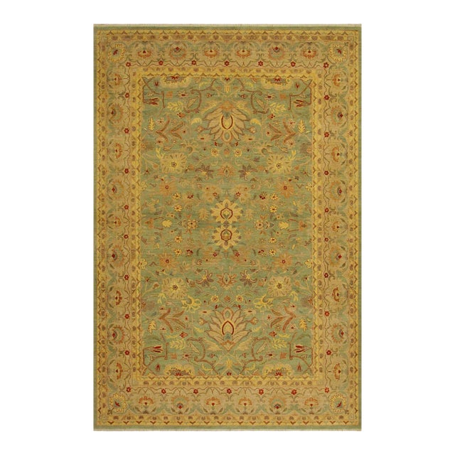 1990s Shabby Chic Kafkaz Lt. Green/Tan Wool Rug -10'0 X 14'2 For Sale