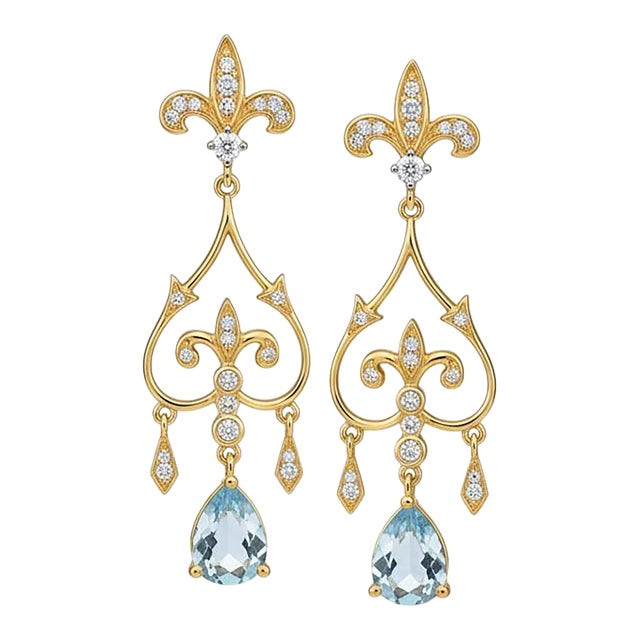 Fleur De Lis Chandelier Earrings Studs With Topaz in Silver, Gold, A Pair For Sale