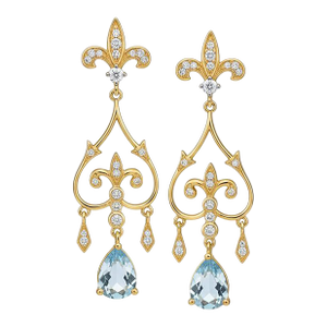 Fleur De Lis Chandelier Earrings Studs With Topaz in Silver, Gold, A Pair
