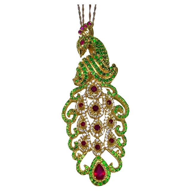 Bochic "Orient" Natural Ruby & Peridot Peacock Brooch/Pendant Set 18K & Silver For Sale - Image 10 of 18