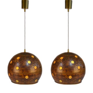 Copper and Amber Glass Pendant Lamps by Nanny Still for Raak, 1960s, Set of 2 For Sale