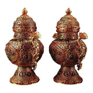 Pair of Vintage Chinese Gilt Bronze Filigree Vases - Dragon Handles & Gemstone Inlay For Sale