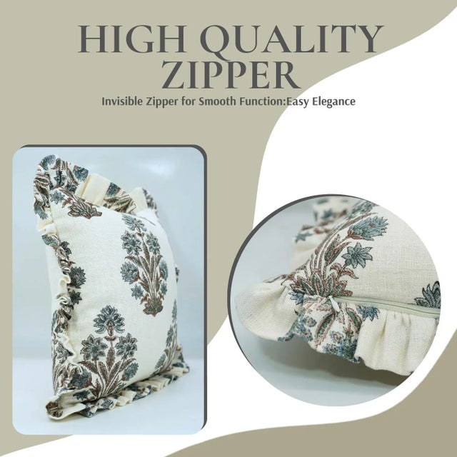 Art Deco Fabdivine Artistic Block Print Fril Pillow Cover Gray 14x20 Inch Off-White Linen- Morpankh For Sale - Image 3 of 5