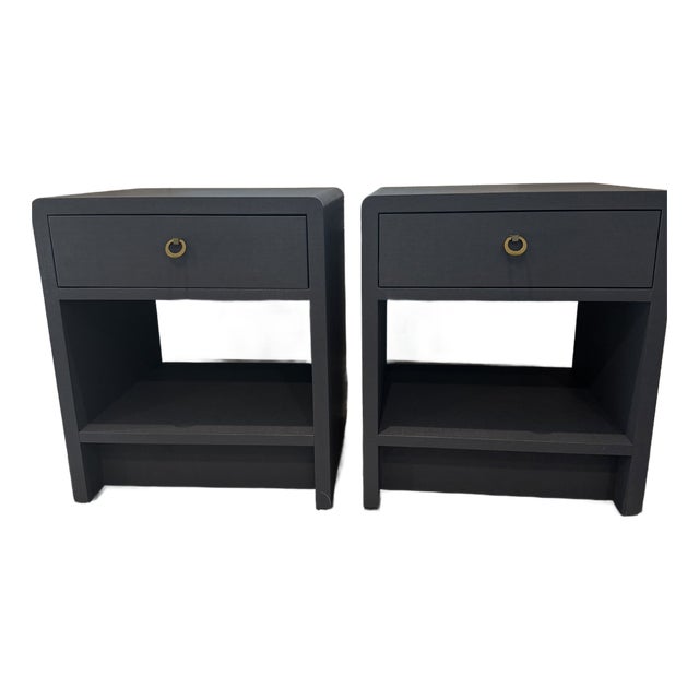 Brand New Pair of Villa & House Benjamin Linen 1 Drawer Side Tables in Blue Steel For Sale