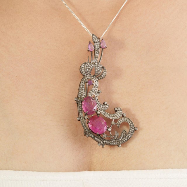 Not Yet Made - Made To Order Vintage Inspired 9 Ct Ruby & Diamond Scrollwork Statement Brooch Pendant For Sale - Image 5 of 15