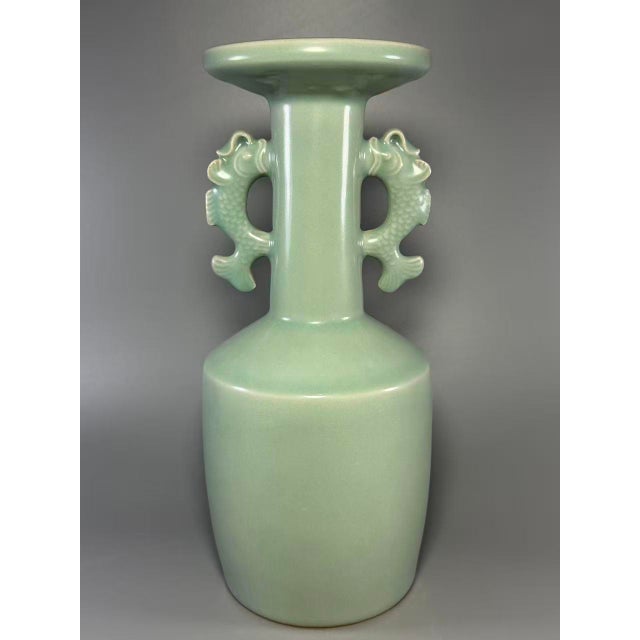 Mid 19th Century Vintage Chinese Longquan Celadon Porcelain Vase | One of a Kind, Dragon‑Shaped Twin Handles For Sale - Image 5 of 7