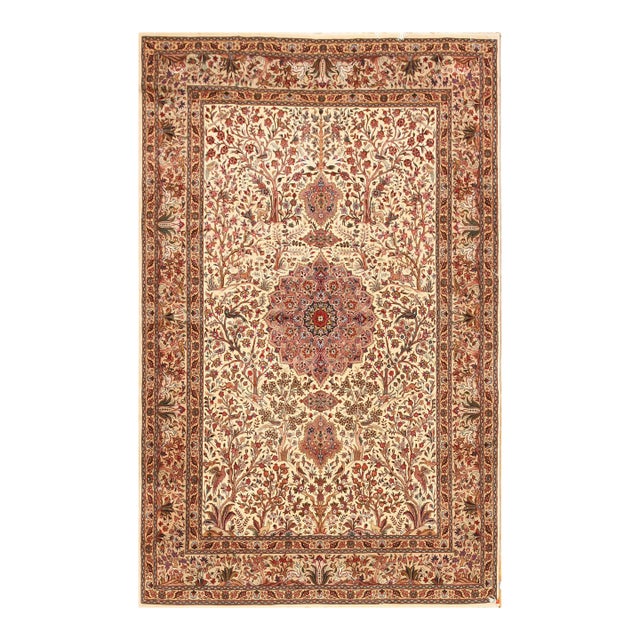1940s Ivory Medallion Antique Persian Tabriz Rug 5'9" X 9' Handknotted Wool Carpet For Sale