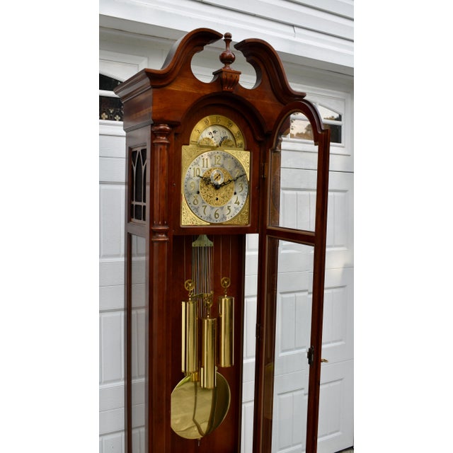Ridgeway Grandfather Clock Wood Brass Dial Moving Moon Phase Windsor Cherry For Sale In Philadelphia - Image 6 of 18