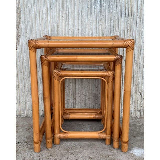1940s Bamboo and Rattan Nesting Tables With Clear Glass Top For Sale - Image 5 of 8
