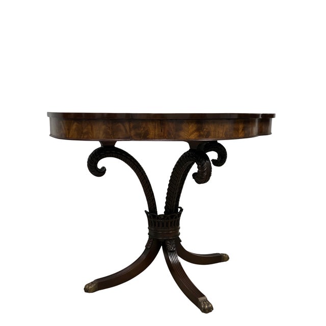 Pair of Antique Regency Style Flame Mahogany Demilune Console Tables For Sale - Image 4 of 12