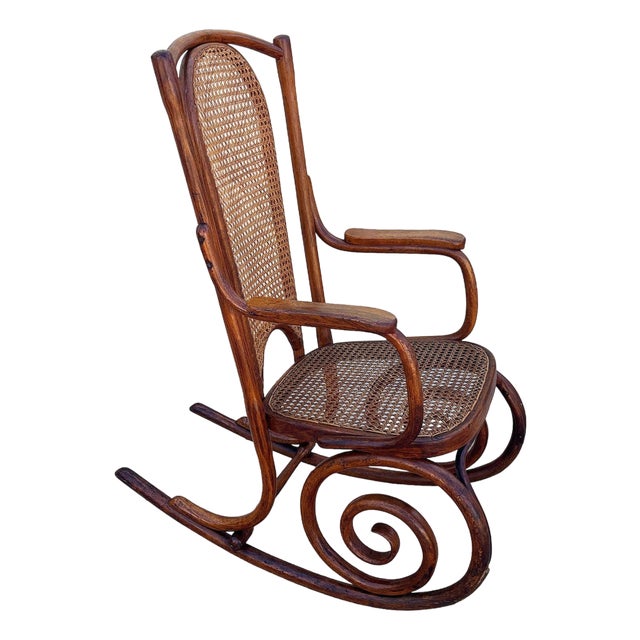 Mid-Century Portuguese Bent Oak & Caine Scrolling Rocking Chair No. 5585 For Sale