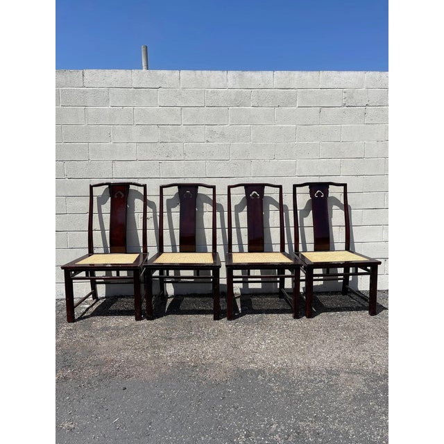 Brown 5pc Vintage Asian Dining Set Wood Cane Chinoiserie Kitchen Furniture For Sale - Image 8 of 10