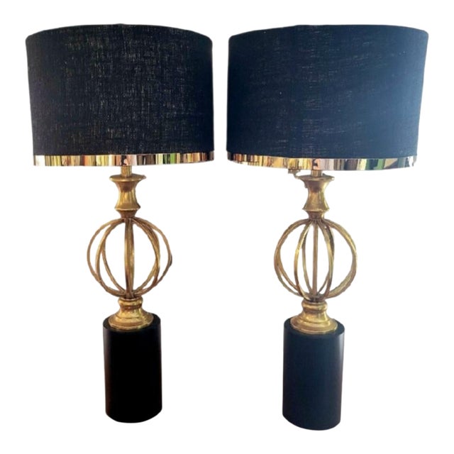Vintage Tall Modern Black Metal Base Gold Leaf Sphere Brass Trim Table Lamps- A Pair For Sale
