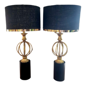 Vintage Tall Modern Black Metal Base Gold Leaf Sphere Brass Trim Table Lamps- A Pair