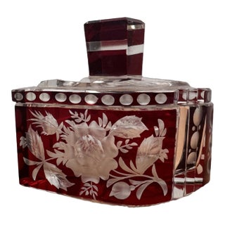 Antique Czech Bohemian Ruby Red Art Deco Hand Cut to Clear Crystal Trinket Box, C. 1920s For Sale