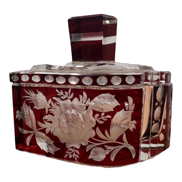 Antique Czech Bohemian Ruby Red Art Deco Hand Cut to Clear Crystal Trinket Box, C. 1920s For Sale