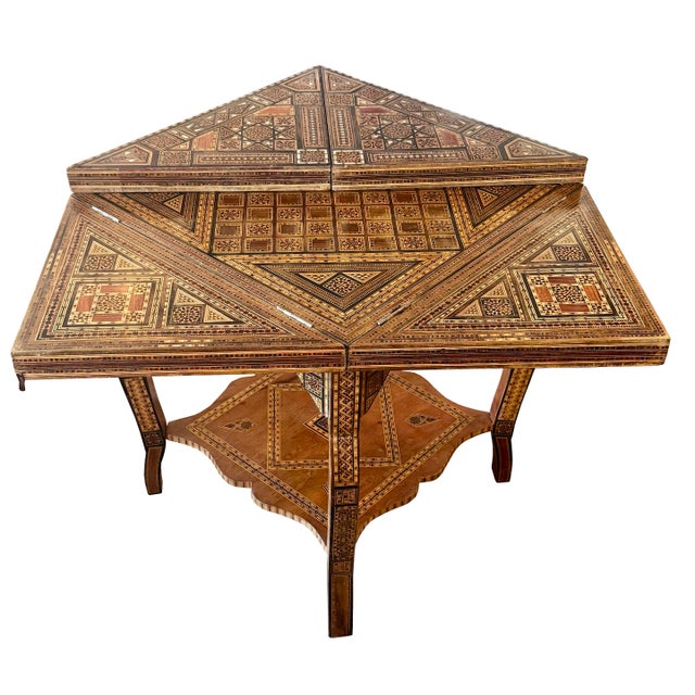 1930s Vintage Marquetry Wood Inlay With Mother of Pearl Folding Game Table For Sale - Image 5 of 18