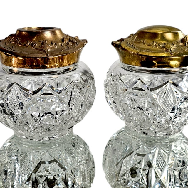 Crystal Glass & Gilded Copper Lid Dresser Jar Matched Pair 4.5" For Sale - Image 4 of 9