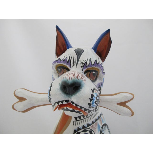 Mexican Alebrije Carved Wood Zapotec Bull Dog With Bone Oaxaca Mexico Folk Art Sculpture For Sale - Image 3 of 16
