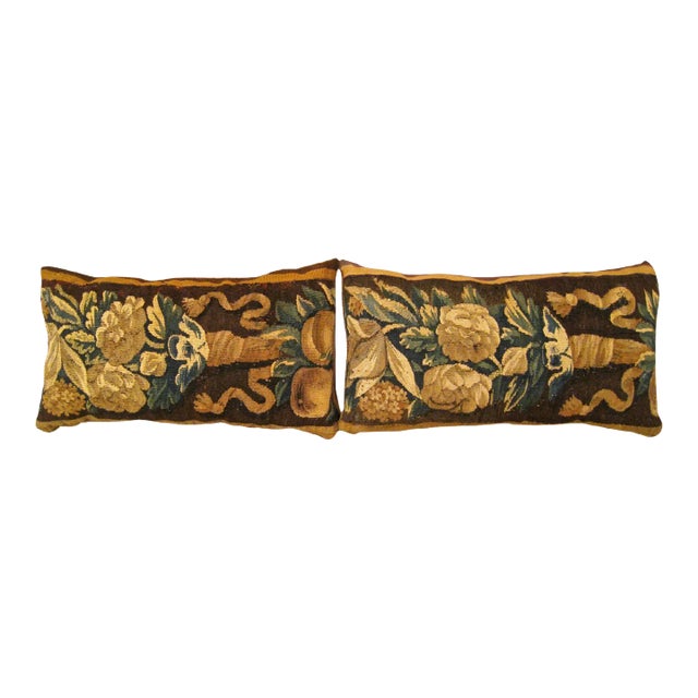Decorative Antique 18th Century Tapestry Pillows with Floral Elements - A Pair For Sale