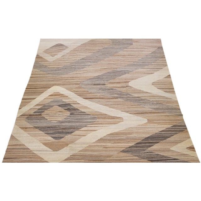 Abstract 2010s Abstract Modern Kilim Wool Rug Flatweave in Brown For Sale - Image 3 of 7
