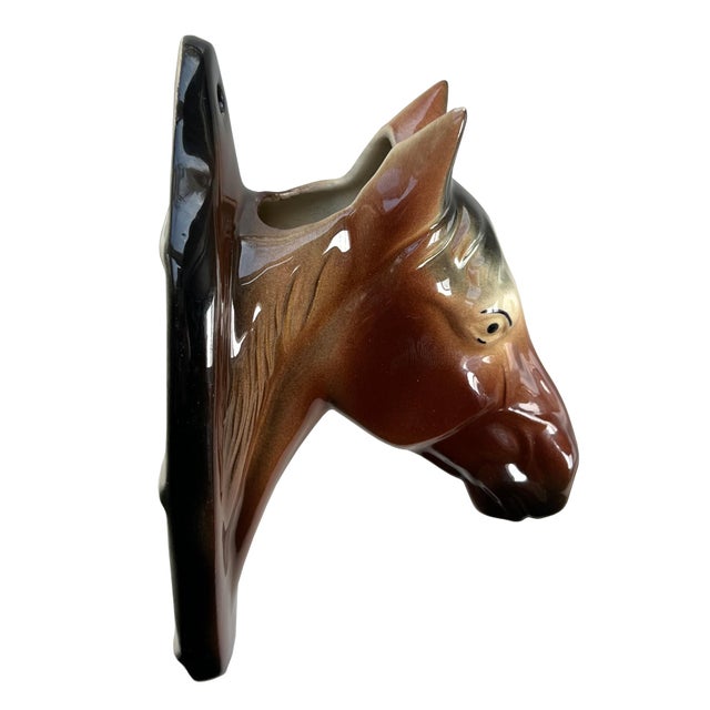 Vintage Glazed Ceramic Horse Head Wall Vase, Equestrian Hanging Planter For Sale In Oklahoma City - Image 6 of 7