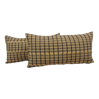 Vintage Yellow and Dark Blue African Stripweaves Decorative Pillows - A Pair For Sale