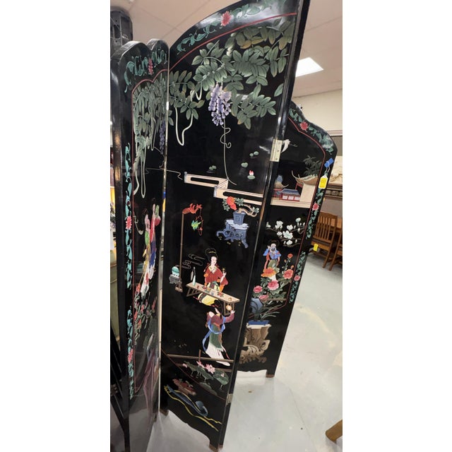 Wood 1950s Chinese Coromandel Arched Four-Panel Lacquer Screen Divider Screen For Sale - Image 7 of 14