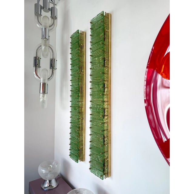 Metal Large Contemporary Pair of Brass Green Gold Leaf Murano Glass Sconces, Italy For Sale - Image 7 of 13