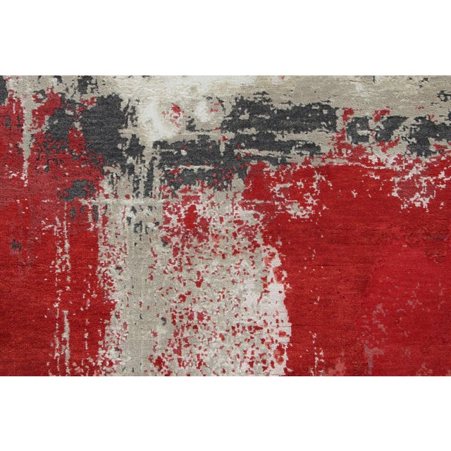 Contemporary Rug & Kilim’s Modern Abstract Runner Rug, Bold Red With Silver Abstract Pattern For Sale - Image 3 of 7