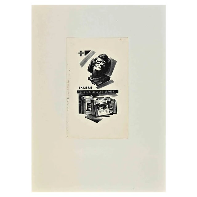 Ex Libris: Dr Enrique Saez, Woodcut, Mid 20th Century For Sale