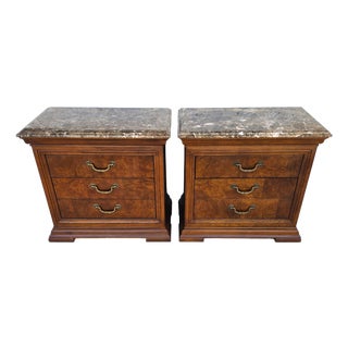 Thomasville Elysee Nightstands Burl and Marble a Pair For Sale