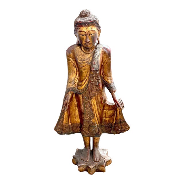 Monumental Giltwood Standing Buddha with Lotus Base, Burma, Late 19th Century For Sale