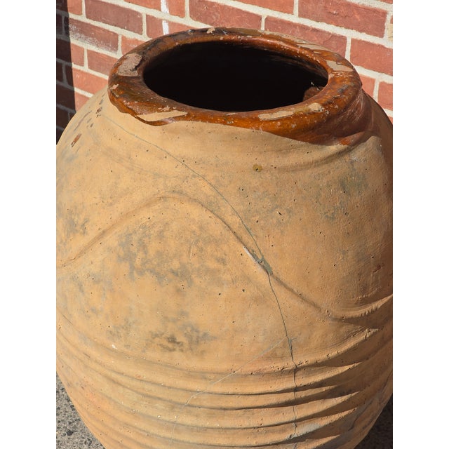 Ceramic Antique Large 32" Mediterranean Textured Terracotta Olive Jar With Brown Glazed Rim For Sale - Image 7 of 8