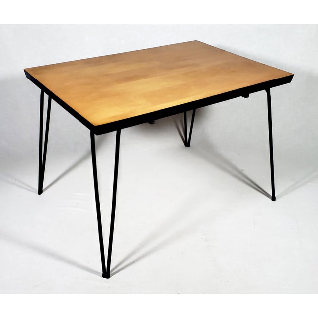 Brown Vintage Original Mid-Century Modern Maple Wood Table W Hairpin Metal Legs & Wood Pull-Out For Sale - Image 8 of 14
